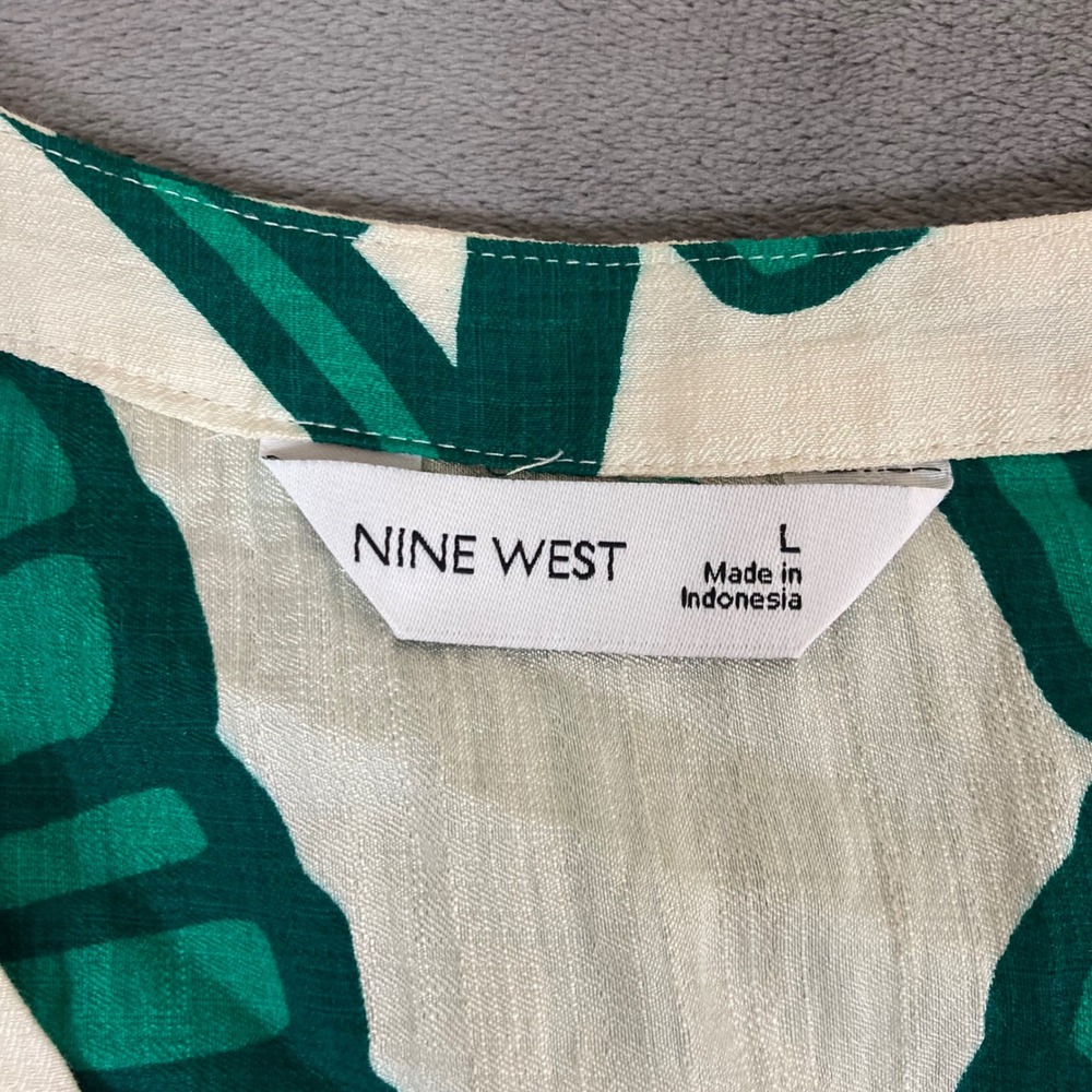 Nine West Womens Green Tropical Leaf Print Button Front Tiered Dress Large L - Picture 3 of 8